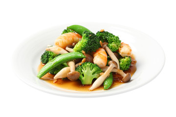 Stir-Fried Broccoli with Shrimp isolated on white background.