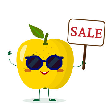 Cute yellow apple cartoon character in sunglasses keeps a sale sign.