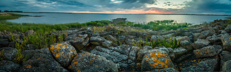 Panorama of Lake Colac at dusk in a blue light