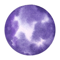 Hand drawn watercolor decor elements. Fantastic moon clip art in bright pink and purple colors.