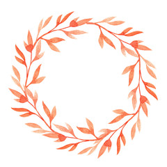 Watercolor hand drawn wreath with leaves and branches on the white backround