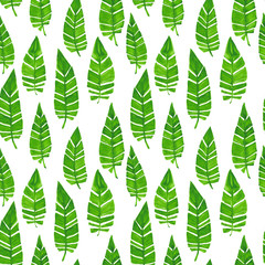 Hand drawn seamless gouache pattern with feathers in boho style. Green tropical leaves painting.