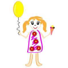 Girl with balloon and ice cream isolated on white background. Vector illustration.
