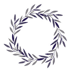 Watercolor hand drawn wreath with leaves and branches on the white backround