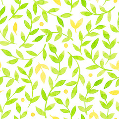 Watercolor seamless hand drawn pattern, floral clip art with leaves and branches