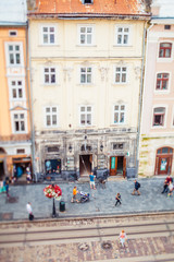 Fototapeta na wymiar view on Market square from Lviv City hall. Tilt-shift lens.
