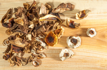 Dried porcini mushroom over wooden background