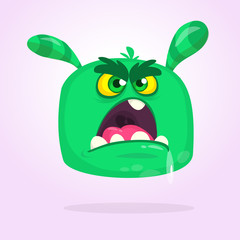 Cartoon green horned monster with angry expression opened mouth full of saliva. Vector illustration isolated