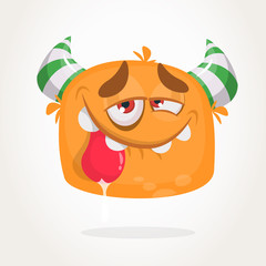 Happy orange cartoon horned monster. Tired monster emotion showing his tongue. Halloween vector illustration