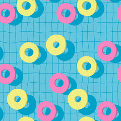 Colorful summer time vector seamless pattern with rubber rings in swimming pool. Hand drawn cute pattern.
