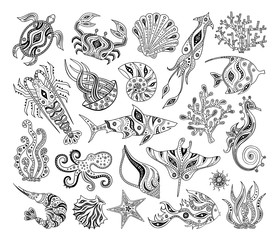 Naklejka premium Vector silhouettes of marine life. Black and white decorative inhabitants of the ocean. Stencils. Patterns for coloring.