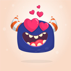 Cartoon blue cool monster in love. St Valentines vector illustration of  loving monster 