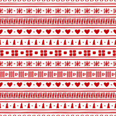Hand drawn Christmas seamless vector pattern. Winter ornament for wrapping paper and fabric with Cristmas trees, hearts, snowflakes in red and white colors.