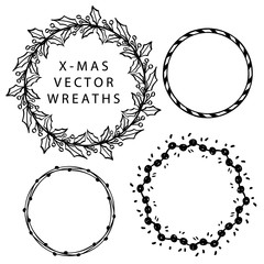 Hand drawn vector doodle Christmas wreath collection for Holiday cards and decor.