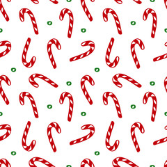 Hand drawn Christmas seamless vector pattern. Winter ornament for wrapping paper and fabric with lollipops and Christmas sweets.