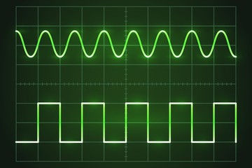 Screen digital oscilloscope. Oscilloscope with image of wave diagram Vector illustration