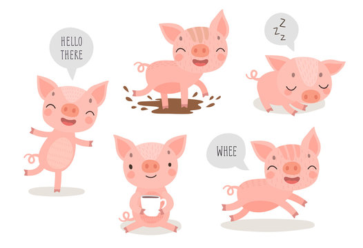 Pigs hand drawn style, cute funny characters.