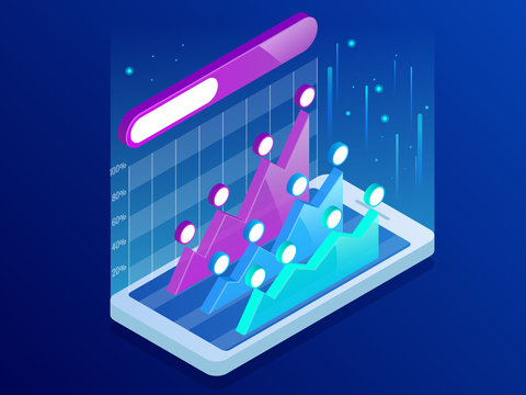 Isometric infographics inside smartphone, business trend analysis on smartphone screen with graphs, perspective. Market trend analysis on smartphone with graphs.