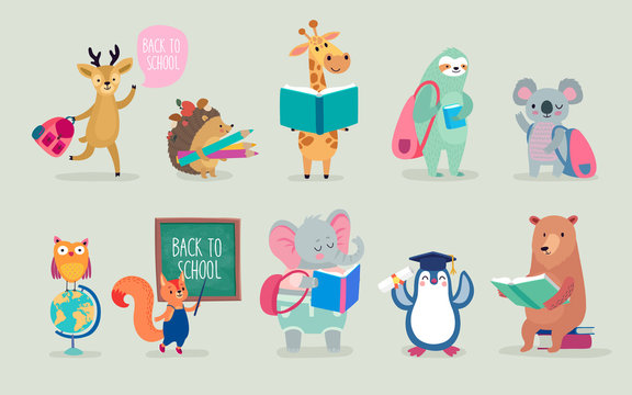 Back to school Animals hand drawn style, education theme. Cute characters. Bear, sloth, penguin, elephant, and others.
