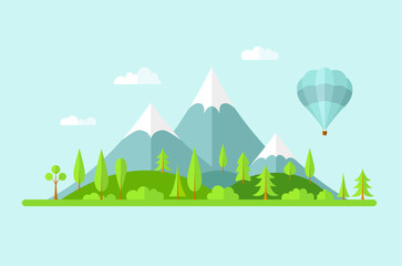 Fototapeta premium Vector summer landscape. Panorama with mountains of forest, hills and a balloon. Banner in the flat style on the theme of travel and green tourism.