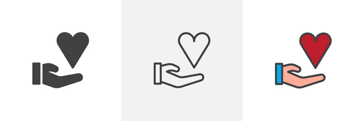 Hand and heart icon. Line, solid and filled outline colorful version, outline and filled vector sign. Share love symbol, logo illustration. Different style icons set. Pixel perfect vector graphics