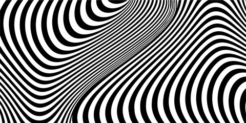 Abstract black and white striped wavy background. Geometric pattern with visual distortion effect. Optical illusion. Op art. © mrnvb