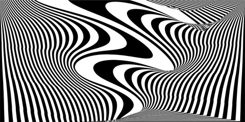 Abstract black and white striped wavy background. Geometric pattern with visual distortion effect. Optical illusion. Op art.