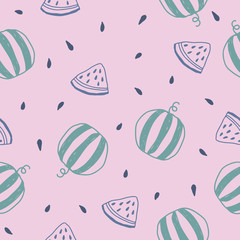 Hand drawn vector seamless pattern with watermelons and watermelon slices. Tropical summer fruit illustration in pink colors.