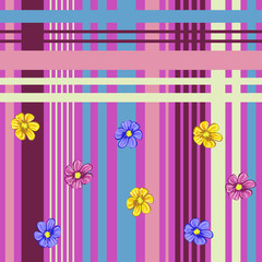 Seamless pattern with simple colorful flowers on  bright striped background. Flower background for textile, cover, wallpaper, gift packaging, printing.Romantic design for calico, silk.
