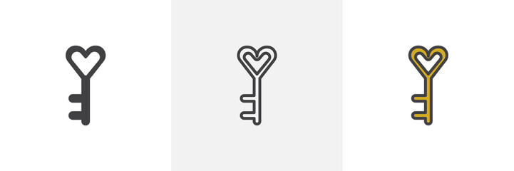 Heart key icon. Line, solid and filled outline colorful version, outline and filled vector sign. Love symbol, logo illustration. Different style icons set. Pixel perfect vector graphics