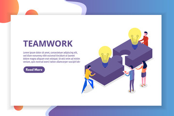 Teamwork concept isometric, people working together, business team solution. Vector illustration.