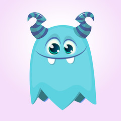 Happy cool cartoon fat monster. Blue and horned vector monster character
