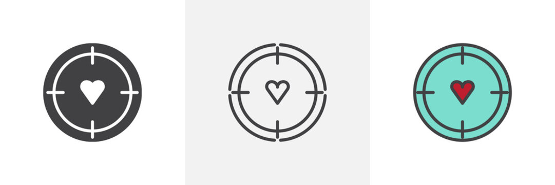 Aim with heart icon. Line, solid and filled outline colorful version, outline and filled vector sign. Love target Symbol, logo illustration. Different style icons set. Vector graphics