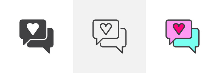 Speech bubble with heart icon. Line, solid and filled outline colorful version, outline and filled vector sign. Love chat message symbol, logo illustration. Different style icons set