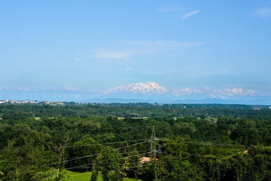 Tornavento, Lombardy, Italy, valley of the Ticino river far away in the background the alpine chain with Monte Rosa