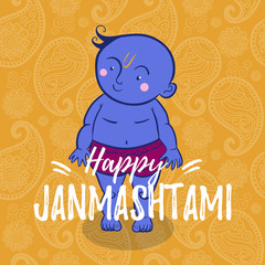 little Lord Krishna.  happy Janmashtami greeting card background. For print or web congratulations.