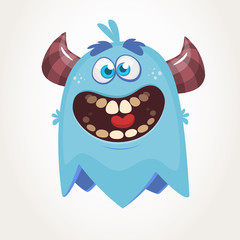 Cute cartoon monster  with horns laughing. Smiling monster emotion with big mouth. Halloween vector illustration