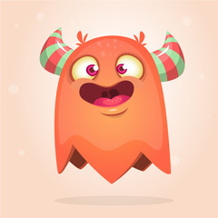 Happy cartoon orange monster. Halloween vector illustration of excited monster
