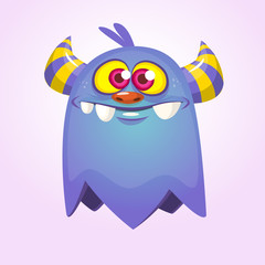 Blue cartoon monster with horns. Big collection of cute monsters