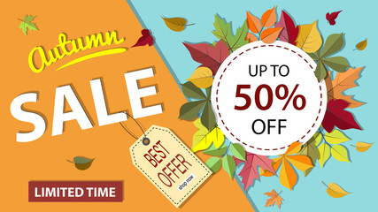 Autumn sale banner with colorful fall leaves. Vector illustration