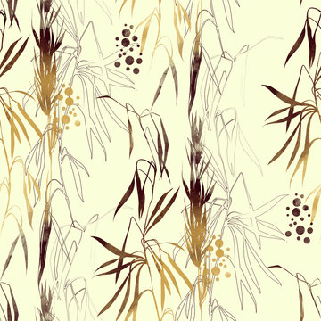 imprints dry river grass mix repeat seamless pattern. watercolour and digital hand drawn picture. mixed media artwork.