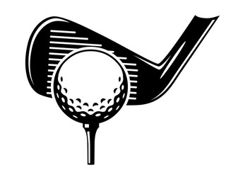 Golfball auf Tee mit Eisen beim Abschlag / schwarz-weiß / Vektor / Icon