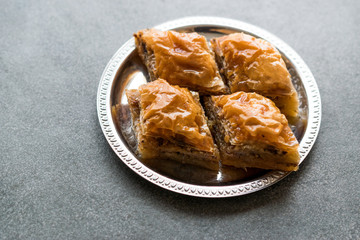 Homemade Azerbajian Baklava with Walnut in Silver Plate / Pakhlava / Baklawa