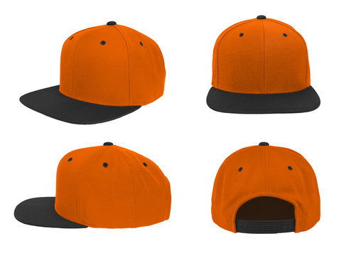 Blank baseball snap back cap two tone color orange/black on white background