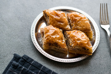 Homemade Azerbajian Baklava with Walnut in Silver Plate / Pakhlava / Baklawa