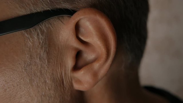 Close-up shot of middle-aged man's ear while reading on computer screen