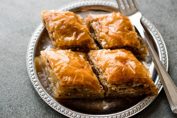 Homemade Azerbajian Baklava with Walnut in Silver Plate / Pakhlava / Baklawa