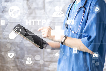 Doctor pressing button http healthcare on virtual panel medicine.