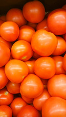 Vegetables are full of vitamins. Fresh and ripe tomatoes in a basket on a supermarket shelf