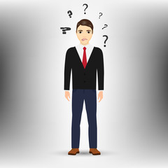 Thinking man with question mark isolated on white background. Vector illustration.